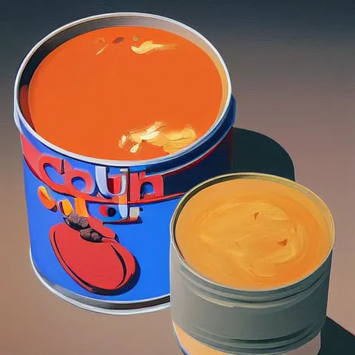 Prompt: In this computer art, the artist has used a photo-realist style to depict a can of soup. The can is placed on a plain background, and the artist has used bright, primary colors to create a striking image. The computer art is both realistic and abstract by Ramon Casas, by Louise Dahl-Wolfe bleak