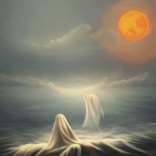 Prompt: ominous bedsheet ghost floating above the ocean late at night, moonlight reflections, oil painting, brush strokes, gloomy misty atmosphere, symmetrical, full body image, highly ornate intricate details,