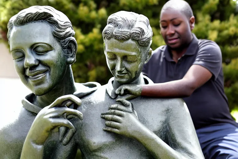 Image similar to a man who is sitting upright in a chair is touching a completed statue