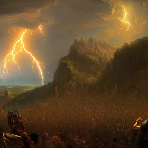 Image similar to Capitol Riot lead by marmots painted by Thomas Cole with dramatic lightning, concept art, matte painting, 8k, highly detailed, artstation