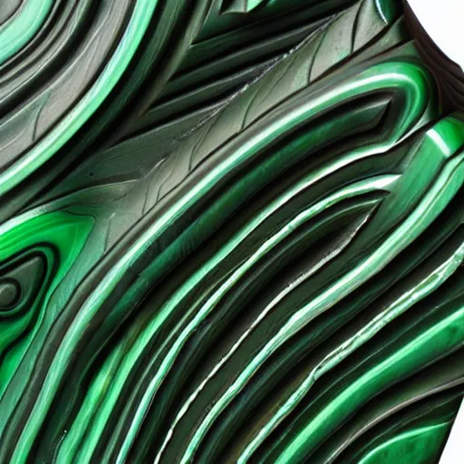 Image similar to abstract carved malachite sculpture, wiggly non rational shapes, fluid and dynamic, sharp and smooth, product photo