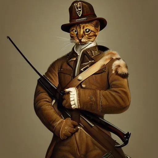 Image similar to a portrait painting of a cat in military uniform holding a musket at its side , artstation, artsy, highly details