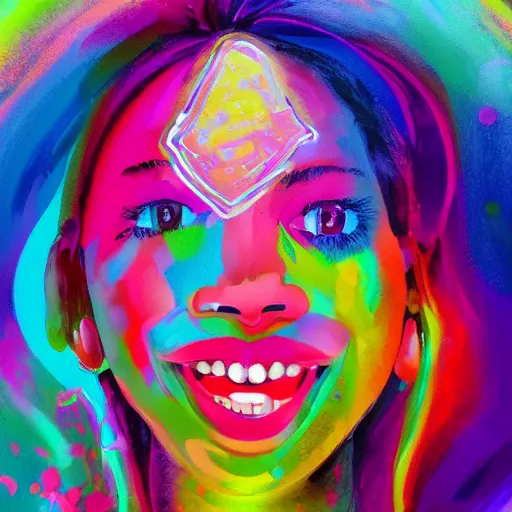 Prompt: A colorful painting of a joyful female artist playing with her creativity in the infinite loving universe by Brenda Zlamany and Craig Wylie, Trending on artstation, studio lighting