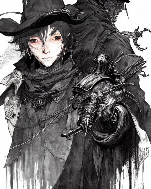 Image similar to portrait of a bloodborne hunter, concept art, sumi - e style, artstation, trending, highly detailed, smooth, focus, art by yoji shinkawa