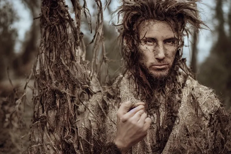 Image similar to character and environment photography, portrait shamanistic infested 2 0 - year - old male druid, messy hair, old tattered robe, medium shot, wide angle, 2 0 0 px, full front, natural light