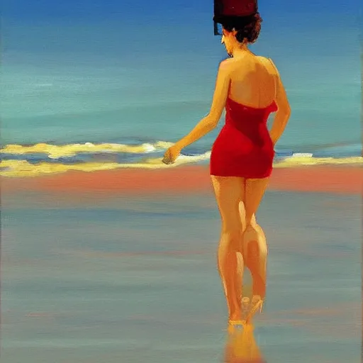 Prompt: of paintings of woman on the beach in the style of jack vettriano