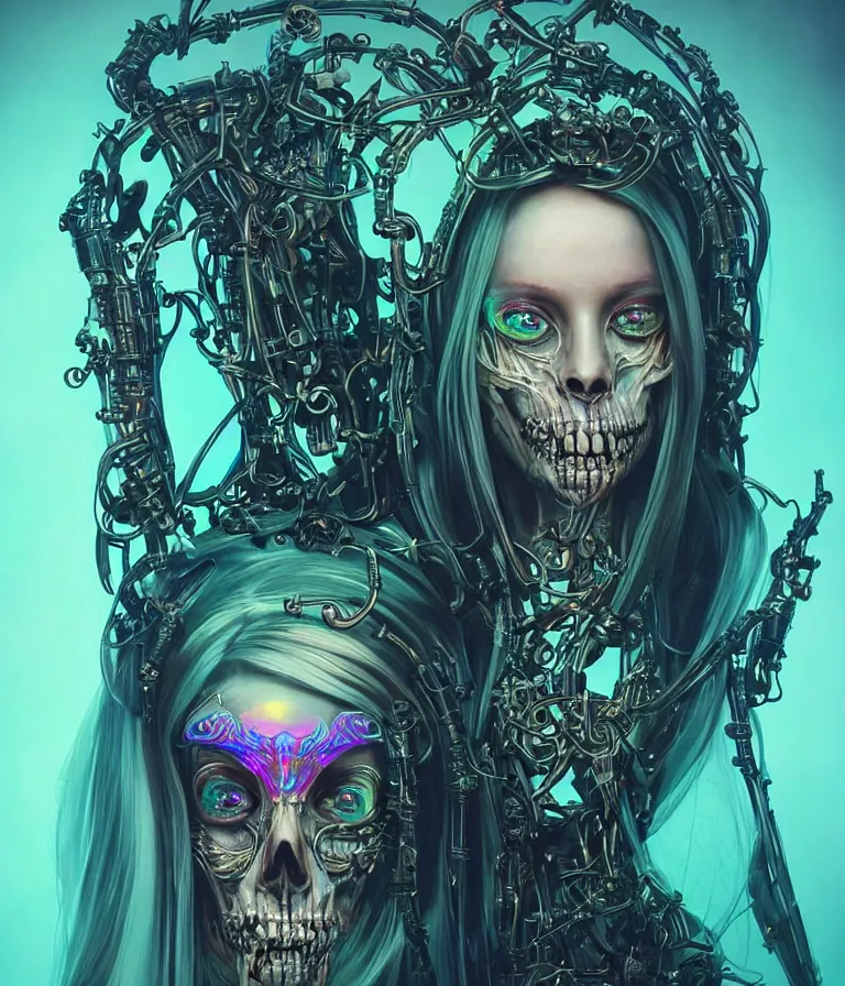 Image similar to fully symmetrical centered iridescent portrait of a beautiful princess of death in robe. skulls artificial muscles, ribcage, bones, hard surface modelling. cyberpunk look. biomechanical mask. bio luminescent biomechanical halo around head. neon jellyfish. artwork by jarold Sng by artgerm, by Eddie Mendoza, by Peter mohrbacher by tooth wu, unreal engine, octane render, cinematic light, high details, iridescent colors, dichroic, macro, depth of field, blur