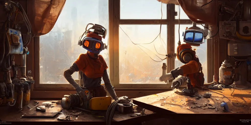 Prompt: highly detailed portrait painting of welder girl, room mono window, table mess, by eddie mendoza and tyler edlin, 8 k resolution