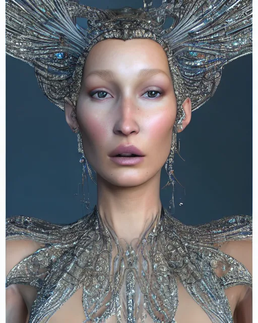 Image similar to a highly detailed metahuman 8 k close up render portrait of an alien goddess bella hadid as nymph in iris van herpen dress schiaparelli in diamonds crystals swarovski and jewelry iridescent in style of alphonse mucha gustav klimt trending on artstation made in unreal engine 4