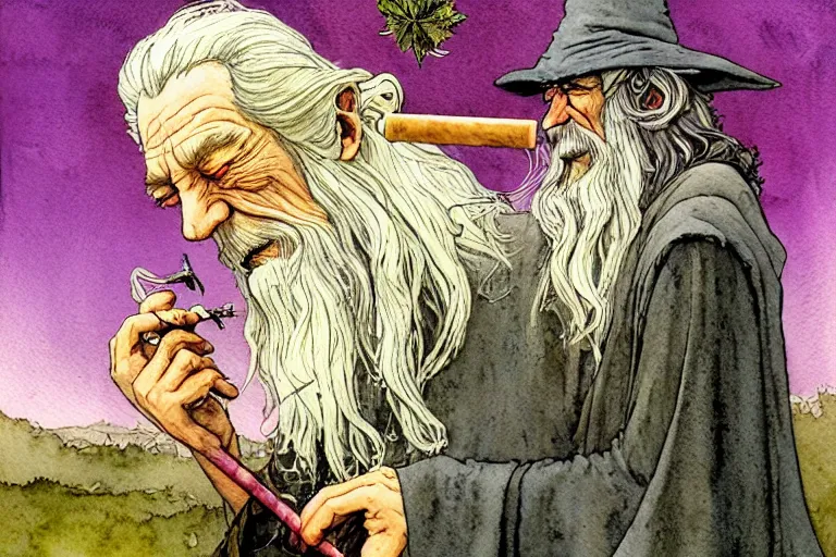 Image similar to a realistic and atmospheric watercolour fantasy character concept art portrait of gandalf with pink eyes lying on his back looking happy and confused and smoking weed out of his pipe with a pot leaf nearby, by rebecca guay, michael kaluta, charles vess and jean moebius giraud