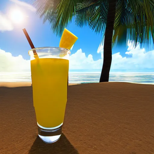 Image similar to pineapple juice chilling on the beach lying in a sun bed, realistic, hdr, clear image, hdd, dynamic lighting, rtx on,