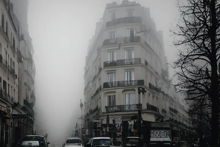 Prompt: paris street with lovecraftian god above the city floating in the sky, foggy, stranger things photo wide shot 3 5 mm