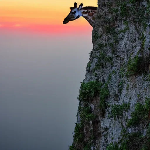 Image similar to professional photograph of an anthropomorphic giraffe wearing a green rain jacket standing on the ledge of a cliff during a sunset, 8k, dslr, cinematic,