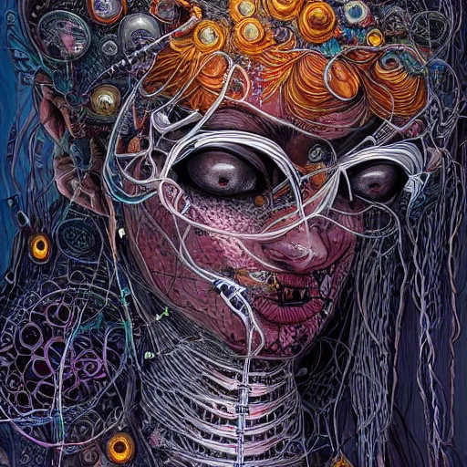 Image similar to beautifully stunning stonepunk woman_integrating_with_technology_full_face_insipiring_detailed_intricate_ornate_cables_connected_to_head_big_open_electric_eyes_ the_singulairty is now by android jones