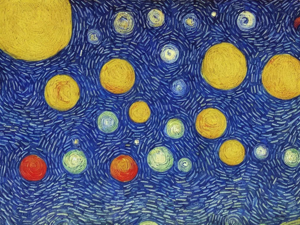 Prompt: A beautiful painting of a five planets by Gioele Muscolino Van Gogh, There are only five planets that are black, white, yellow, red, and blue, behind the galaxy and the universe, Trending on artstation, starry sky