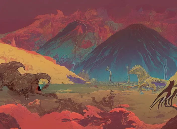 Image similar to psychedelic art of a prehistoric landscape with dinosaurs and volcanoes, detailed, cel shaded, by makoto shinkai and moebius and anton fadeev and james gurney