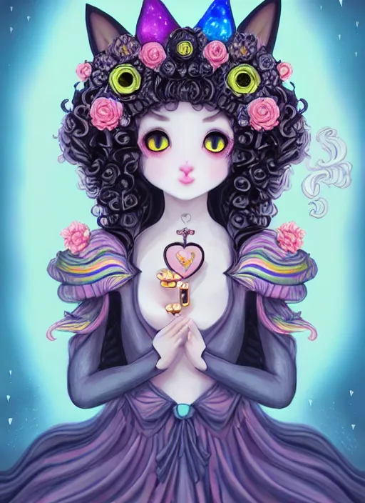 Image similar to dark fantastic illustration of beautiful cat girl witch with a robot, curls hair, rococo ruffles dress, rosette, symmetrical face, pastel rainbow, pearlescent, cute, fairy, rim light, by mai yoneyama, rolua, detailed background,, artstation, concept art, highly detailed, colorful, maximalist