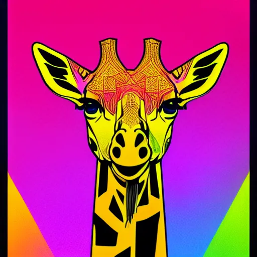 Image similar to a psychedelic neon technicolor portrait illustration of a giraffe in geometric kaleidoscopic colors with gradients vaporwave trending on artstation 4 k intricate extremely detailed digital art