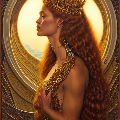 Image similar to highly detailed portrait of a majestic lioness queen in the form of a beautiful woman. d & d. art by donato giancola, chris rallis, anna dittmann, alberto vargas. trending on artstation, intricate details, energetic composition, golden ratio, concept art, illustration, elegant art, global illuminaition