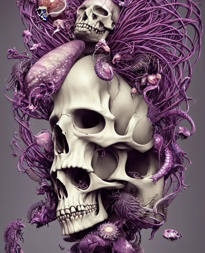 Image similar to goddess close-up portrait skull with mohawk, ram skull, skeleton, thorax, x-ray, backbone, jellyfish phoenix head, nautilus, orchid, skull, betta fish, bioluminiscent creatures, intricate artwork by Tooth Wu and wlop and beeple. octane render, trending on artstation, greg rutkowski very coherent symmetrical artwork. cinematic, hyper realism, high detail, octane render, 8k