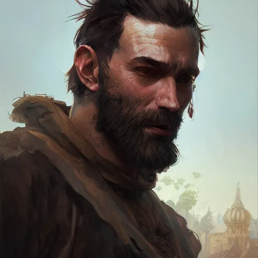 Image similar to portrait of a rugged thief, D&D, fantasy, intricate, elegant, highly detailed, digital painting, artstation, concept art, smooth, sharp focus, illustration, art by artgerm and greg rutkowski and alphonse mucha