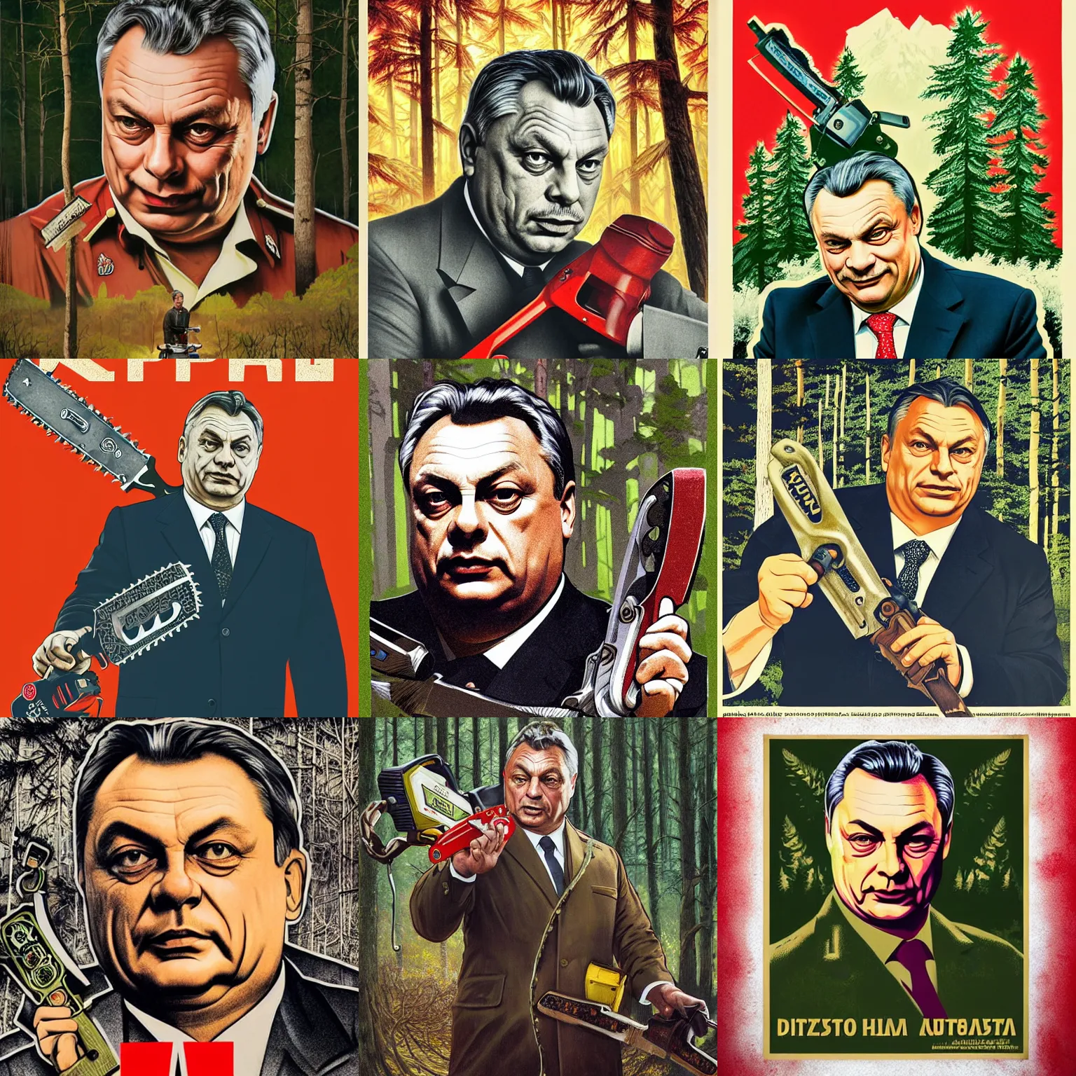 Prompt: portrait of dictator viktor orban with a chainsaw, in a clear cut forest, soviet propaganda poster, intricate, hyperdetailed, photorealistic, diffuse lighting, hdrp, artstation, unreal 5, smooth, textless, sharp focus, art by john collier, albert aublet, krenz cushart, artem demura, alphonse mucha