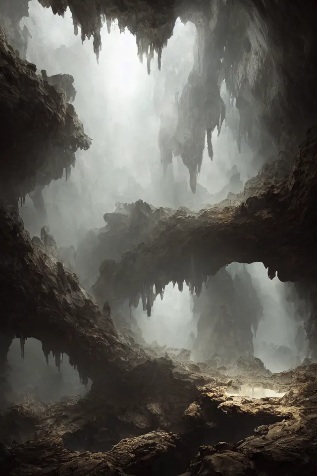 Prompt: the underground cave has a huge door made of bronze, bronze material, dark and spectacular atmosphere ， super wide angle ， matte painting ， rtx on ， by james paick and jan urschel ， trending on cgsociety and artstation, unreal engine ， volumetric light ， surreal