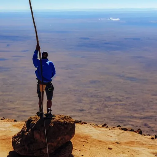 Prompt: a proud climber holding a flag in the wind, on the top of kilimanjaro, looking out over serengeti super detail, realistic professional photo