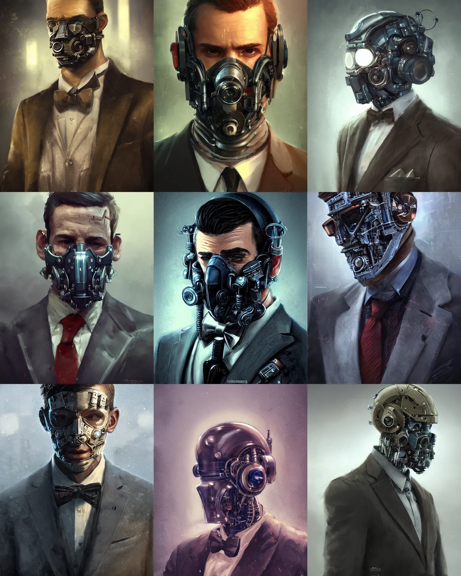 Image similar to a rugged young engineer man with cybernetic enhancements wearing a suit and bowtie, detailed face with mask, scifi character portrait by greg rutkowski, esuthio, craig mullins, 1 / 4 headshot, cinematic lighting, dystopian scifi gear, gloomy, profile picture, mechanical, half robot, implants, steampunk