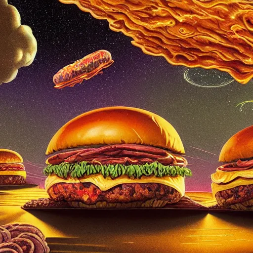 Image similar to a detailed and serene milky way and exploding nebulas made out of fantastic hamburgers in gallerie by James Ryman , dan Mumford, beeple, Johfra Bosschart, Stan and Jan Berenstain ,Gwen John