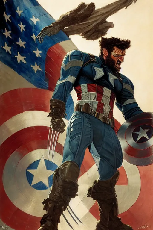 Image similar to wolverine as captain america, intricate, futuristic, fantasy, elegant, by Stanley Artgerm Lau, greg rutkowski, thomas kindkade, alphonse mucha, loish, norman Rockwell,