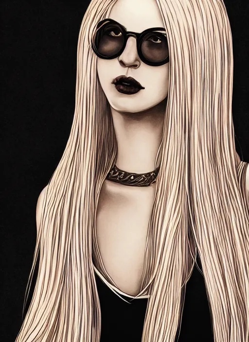 Prompt: detailed portrait of a attractive woman with very long blonde hair and a full fringe, wearing large thin-rimmed round glasses, wearing modern gothic clothes, trending art, aesthetic award winning art portrait, top pixiv, pretty illustration, highly detailed