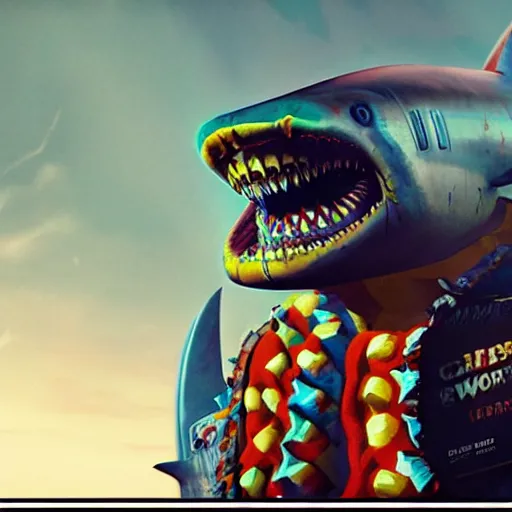 Prompt: clowncore pixar an anamorphic shark of a cyberpunk captain | armed for war | sci fi fantasy, golden ratio, sharp focus, concept art, mid body shot