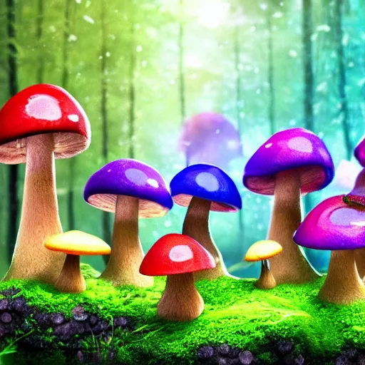 Prompt: a magical forest of brightly colored mushrooms and forest creatures dancing in the rain, fantasy landscape, 4 k, 3 d