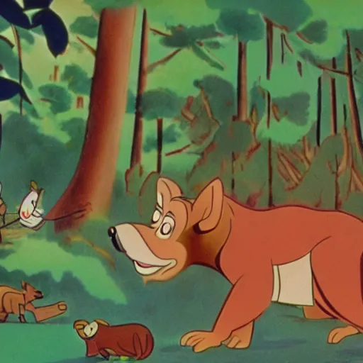 Image similar to 1940s disney film about talking forest animals super high detail