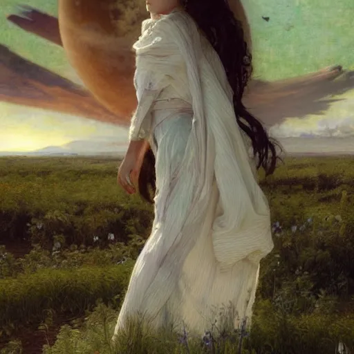 Image similar to epic wide angle view beautiful woman in a muslin dress watching from the Earth as a rogue planet looms on the horizon, by Edgar Maxence and Ross Tran and Michael Whelan