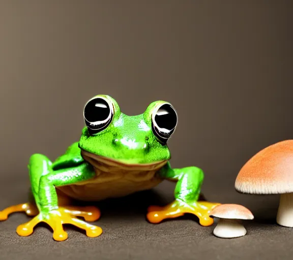 Image similar to photo, cute frog, flay, sitting on a mushroom, various poses, soft light, faded colors, well framed, sharp focus, 8 k