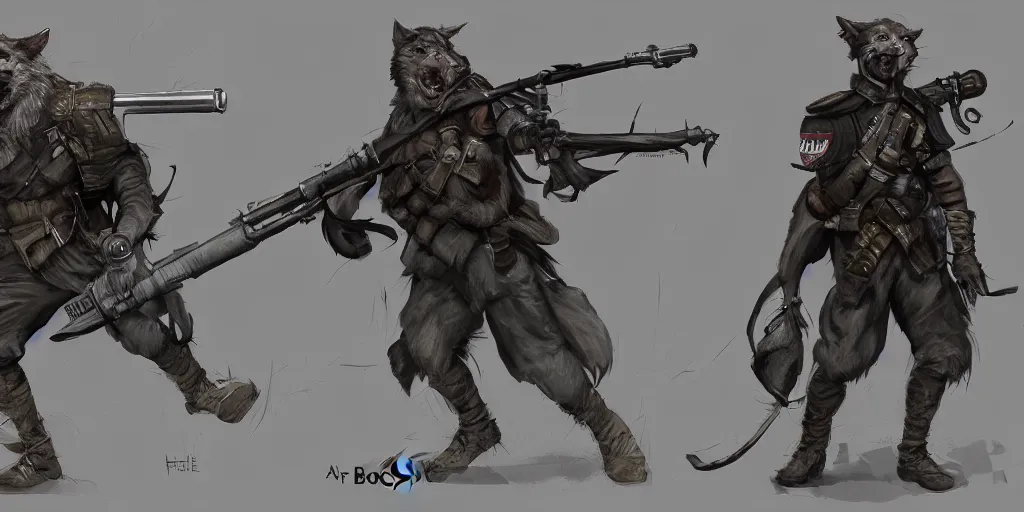 Prompt: concept art of a high fantasy ww1 werewolf soldier using a bazooka trending on artstation, detailed high resolution