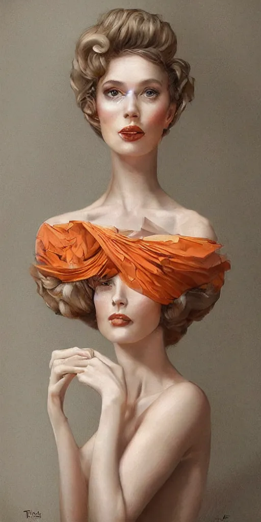 Prompt: a beautiful hyperrealistic portrait pose of a stunning 1950’s model in a cream-and-orange dress looking cheeky, intricate, elegant, highly detailed, smooth, sharp focus, award-winning, masterpiece, in the style of Tom Bagshaw, Cedric Peyravernay, Peter Mohrbacher