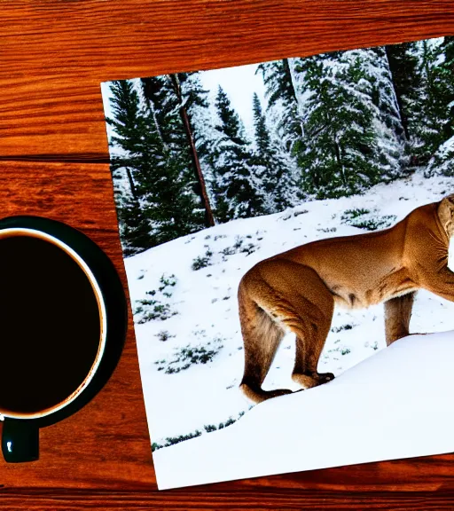 Image similar to torn up postcard of 'a cougar sleeping in the middle of snowy pine tree' laying on coffee table, zoomed out shot, HD, iphone capture