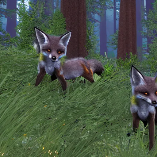 Image similar to second life in game screenshot of black foxes cuddling next to each other in a cozy forest, 4 k