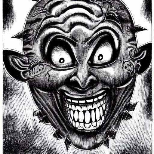 Prompt: smiling oni mask, junji ito, ink, drawing, black and white, terrifying, nightmare fuel, horror, horrifying, scary,