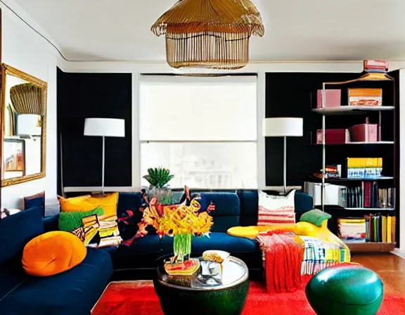 Image similar to apartment designed by nate berkus, retro 7 0 s colors