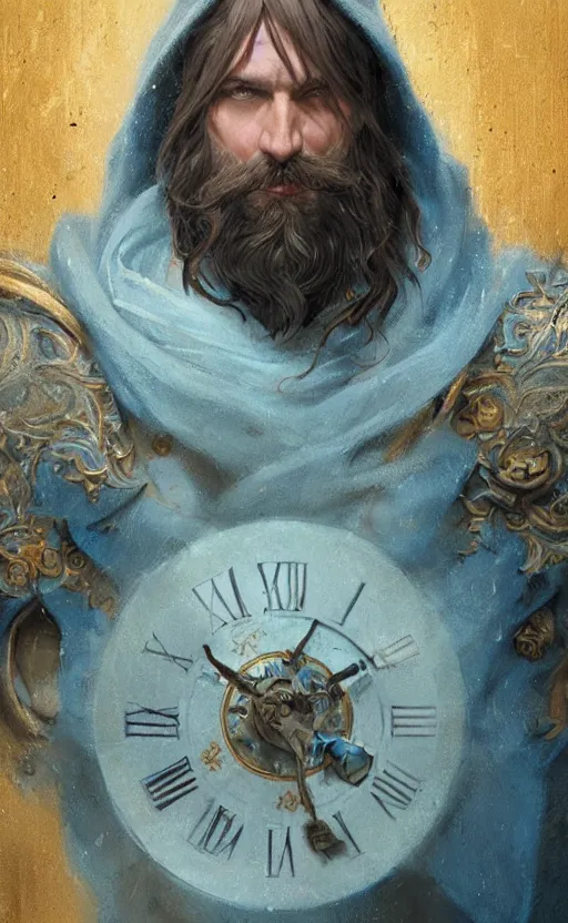 Image similar to portrait of a middle aged elf with a long beard, dressed in a blue cloak with clock iconography, brown hair, raised hand, detailed face, fantasy, highly detailed, cinematic lighting, digital art painting by greg rutkowski