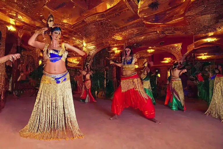 Prompt: cinematography belly dancers in decadent Hotel in India by Emmanuel Lubezki