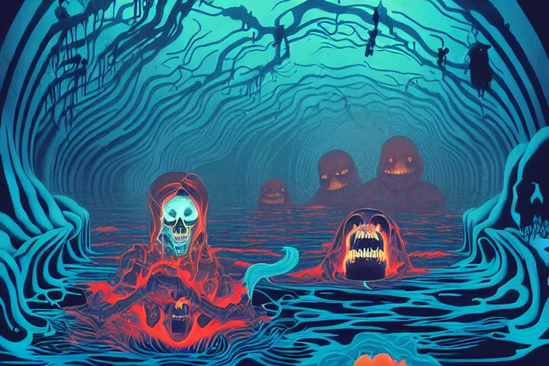 Prompt: a scary blue river of glowing ghostly lost souls drowning in the underworld river, shadowy and dark, evil lurks, hellish vibe, sinister, tristan eaton, victo ngai, artgerm, rhads, ross draws