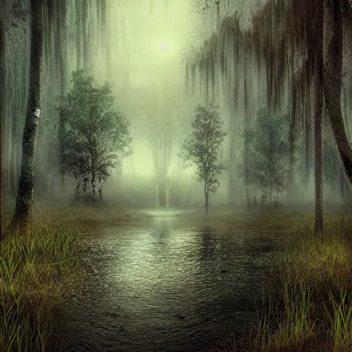 Prompt: concept, artistic swamp with mystic fog, fishing rode, from horror movies, art station, mysterious, masterpiece