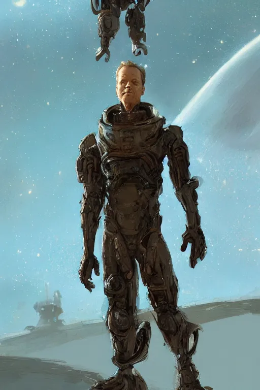 Prompt: upper body portrait of kiefer sutherland wearing old tattered dune stillsuit, nebula in the background, illustration by normal rockwell and mandy jurgens, influenced by john berkey and greg rutkowski, artstation character concept