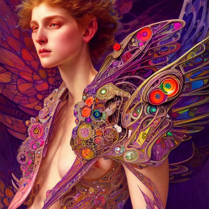 Image similar to bright psychedelic portrait of organic cyborg wings, diffuse lighting, fantasy, intricate, elegant, highly detailed, lifelike, photorealistic, digital painting, artstation, illustration, concept art, smooth, sharp focus, art by John Collier and Albert Aublet and Krenz Cushart and Artem Demura and Alphonse Mucha