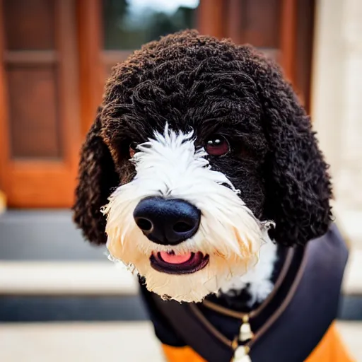 Image similar to a closeup photorealistic photograph of a cute smiling knitted bernedoodle judge dog dressed in a black gown, presiding over the courthouse. indoor image, professional capture, well lit shot. this 4 k hd image is trending on artstation, featured on behance, well - rendered, extra crisp, features intricate detail, epic composition and the style of unreal engine.